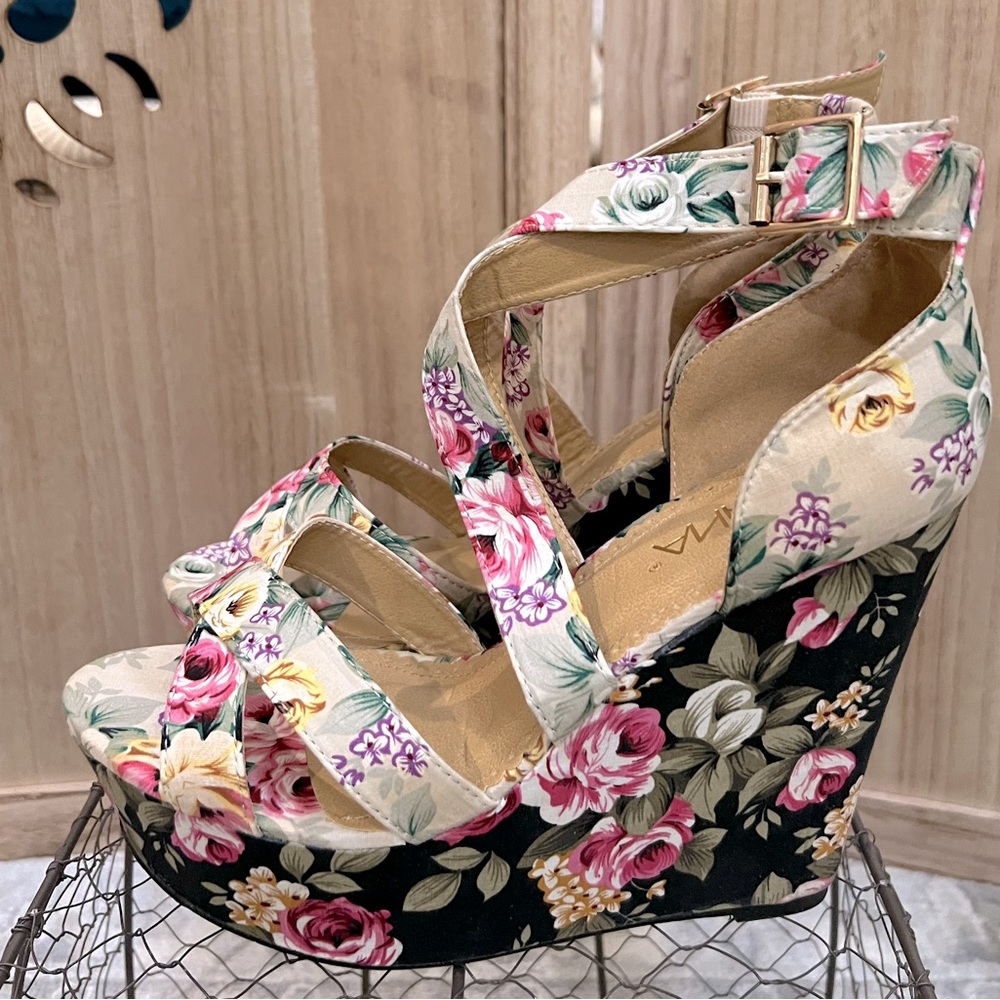 Chunky Platform Floral Cross Strap Unique Wedges